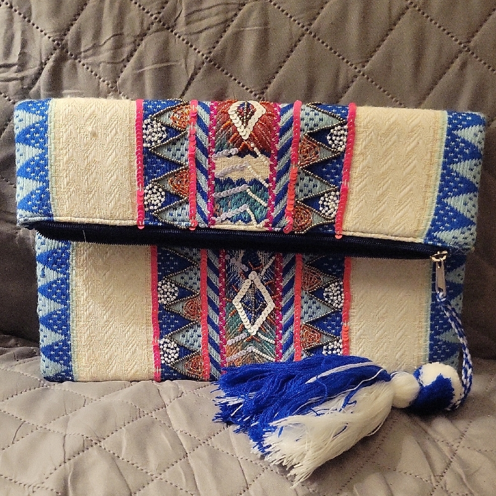 Blue and Cream Clutch Bag By America And  Beyond.